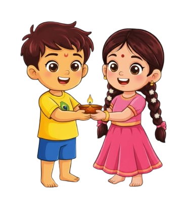 Kichu and Leela holding a glowing diya together