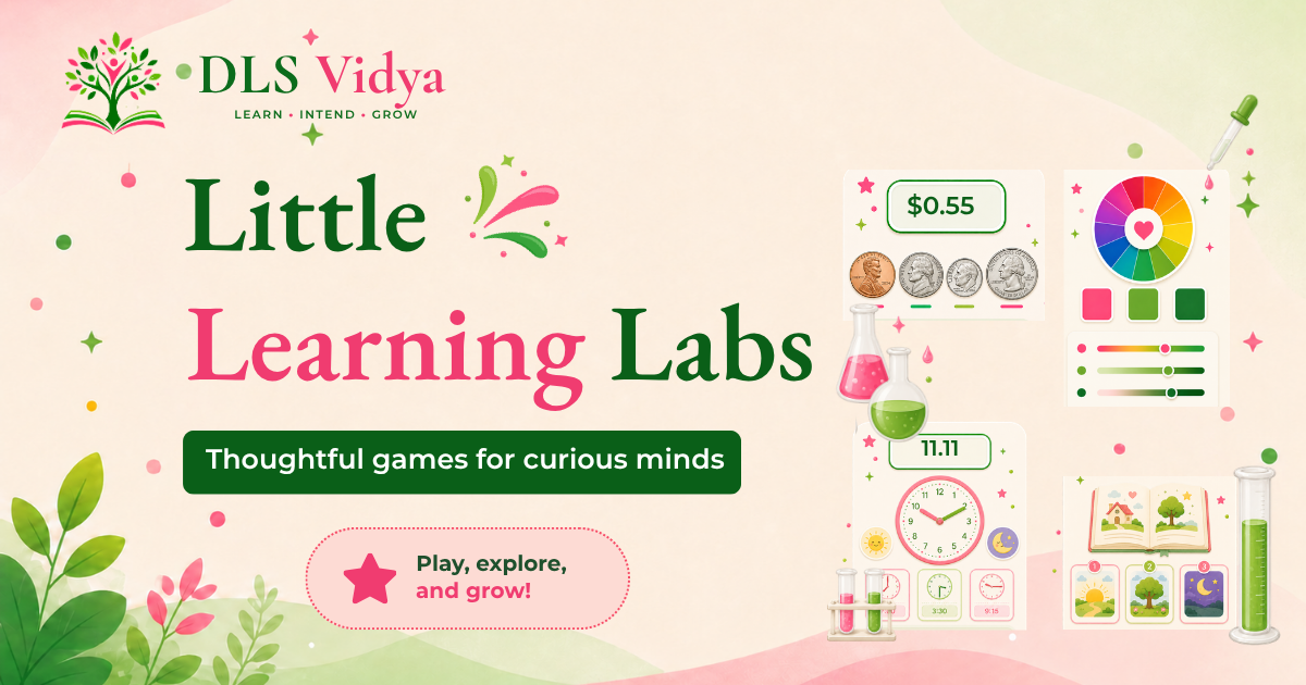 Little Learning Labs visual featuring playful money, color, maze, and time activities